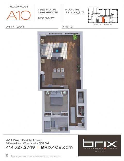 Floor plan for 1 bed, 1 bath, 908 sqft
